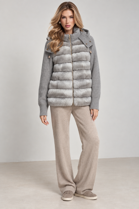 Kaschmirjacke mit Kapuze und Rexkaninchenfell