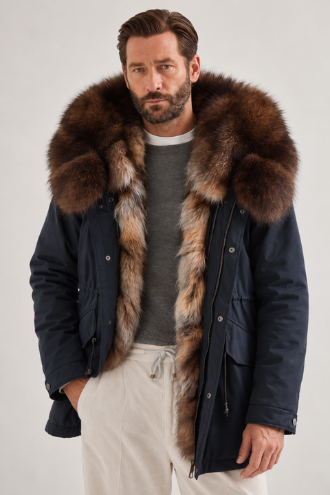 Kort marineblå parka med pelsfor til mænd