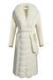 Off white cashmere coat with genuine fox fur trim with matching belt.