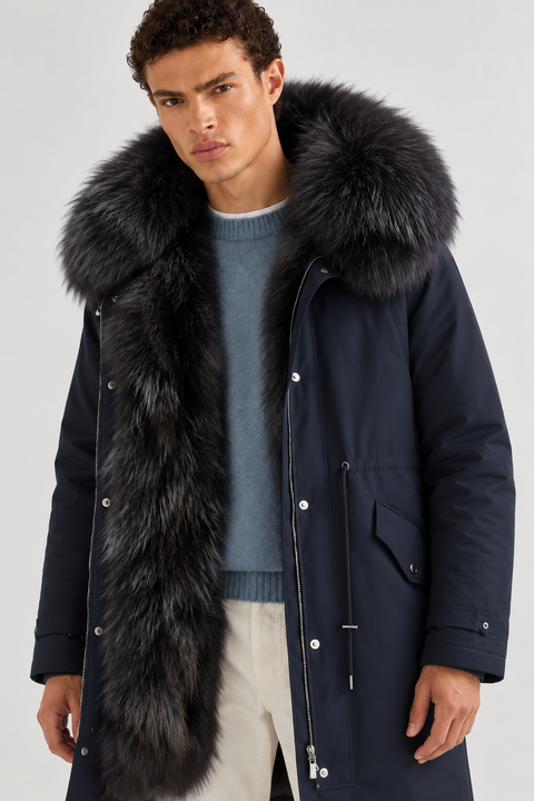 Parka midi da uomo in pelliccia di volpe blu navy