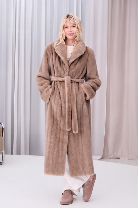 Long Belted Beige Mink Coat
