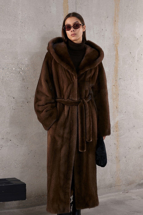 Hooded Long Brown Mink Fur Coat