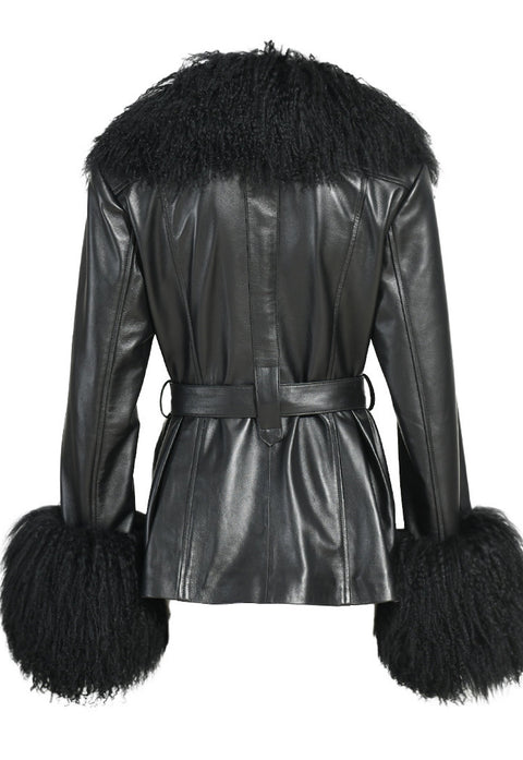 High quality black leather jacket with Mongolian fur, blending elegance and edge.