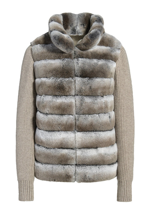 Cashmere jacket in chinchilla-shaded Rex Rabbit fur, blending the elegance of a coat with the softness of a sweater.