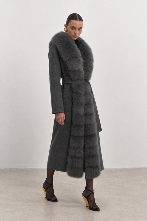 Grey Cashmere Coat with Fur