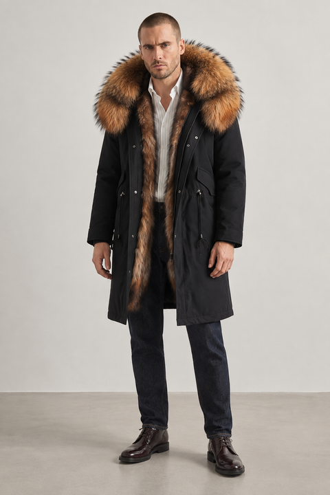 Schwarzer Midi-Parka aus Fuchspelz für Herren