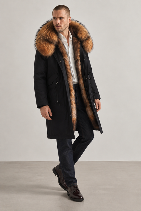 Schwarzer Midi-Parka aus Fuchspelz für Herren
