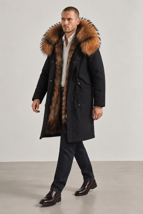 Schwarzer Midi-Parka aus Fuchspelz für Herren