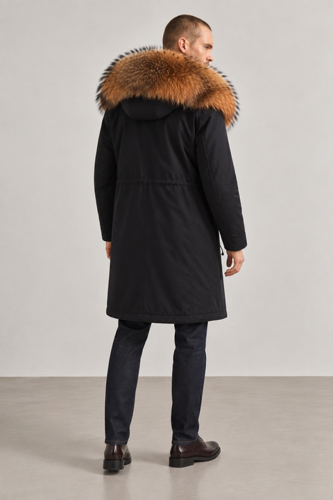 Schwarzer Midi-Parka aus Fuchspelz für Herren