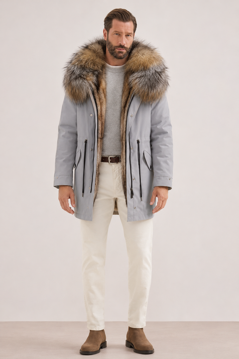 Men Grey Lined Fur Parka