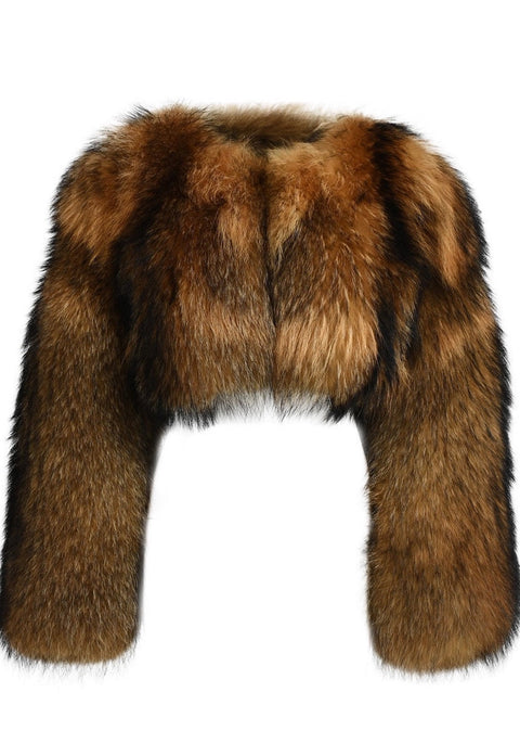 A chic cropped coat made from lush raccoon fur, featuring full-length, soft sleeves that provide both warmth and a touch of luxury.
