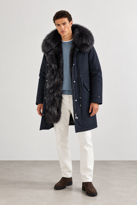 Parka midi da uomo nero in pelliccia di volpe