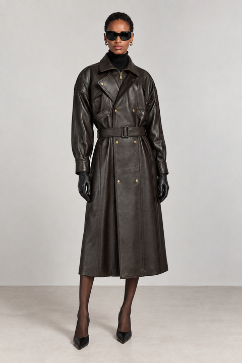 Long trench-coat en cuir véritable