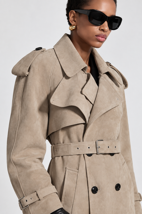 Gabardina auténtica de cuero de ante marrón